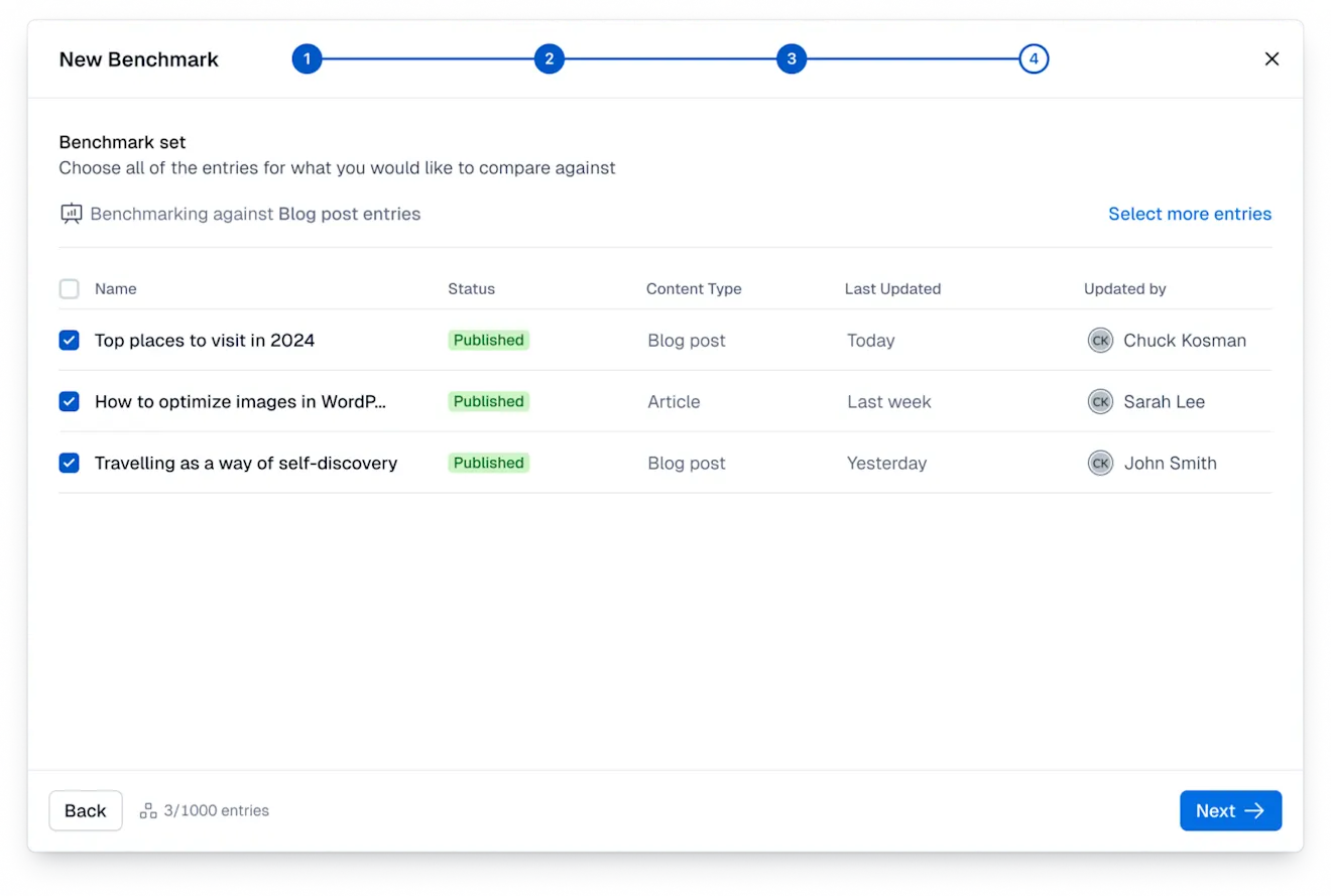 Analytics Benchmarking: Show selected entries