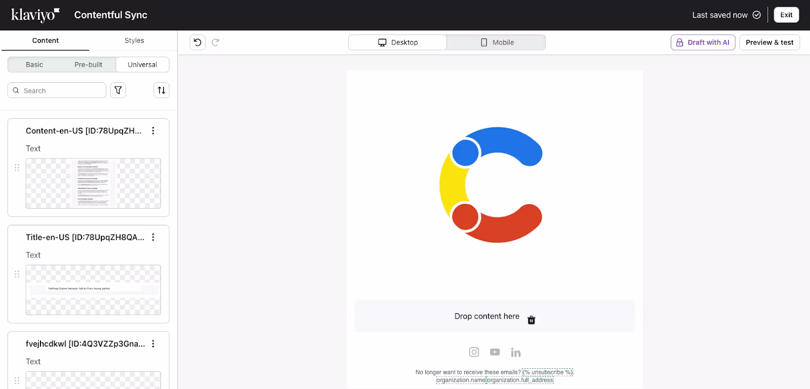 Klaviyo universal content tab