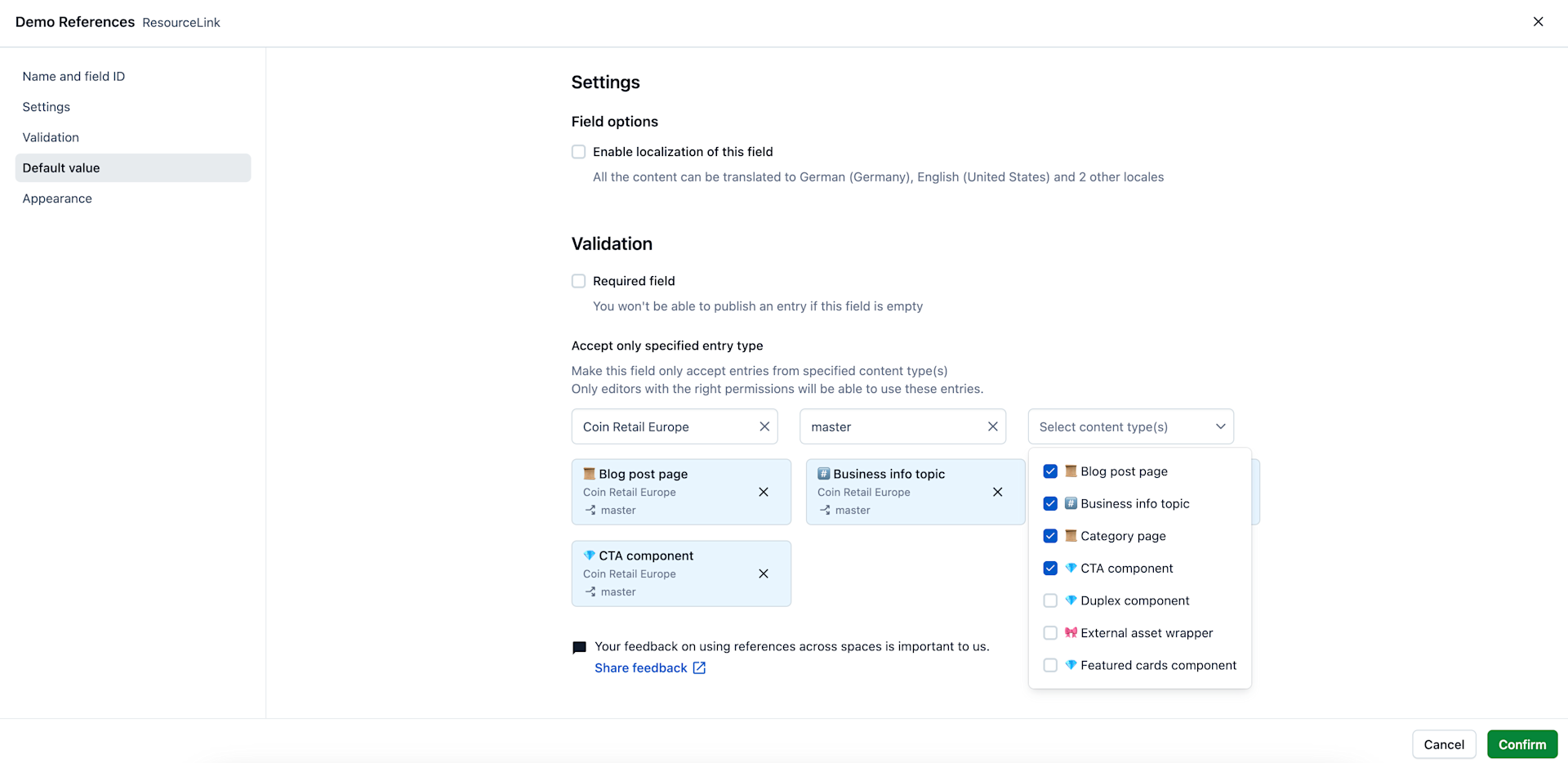 Select content types drop-down