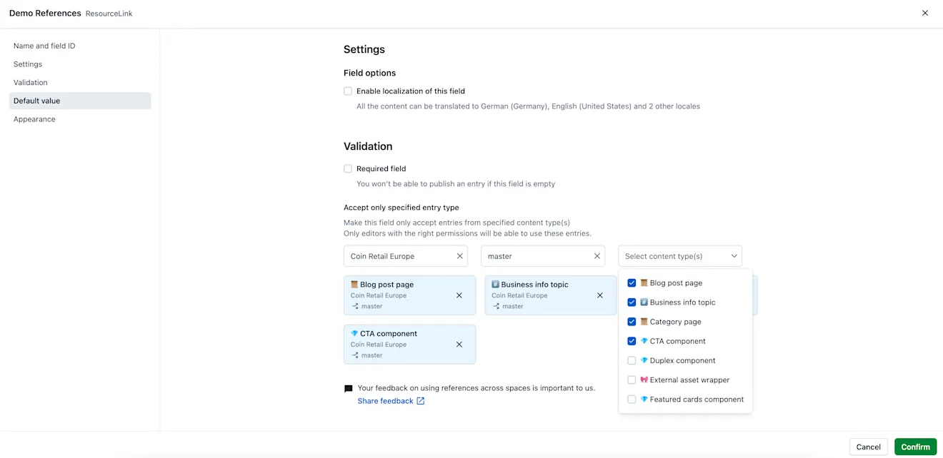 Select content types drop-down