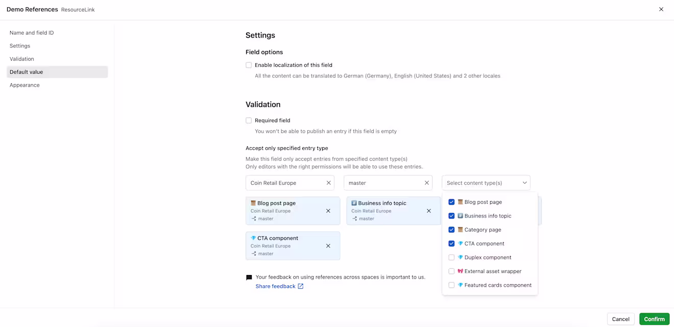 Select content types drop-down