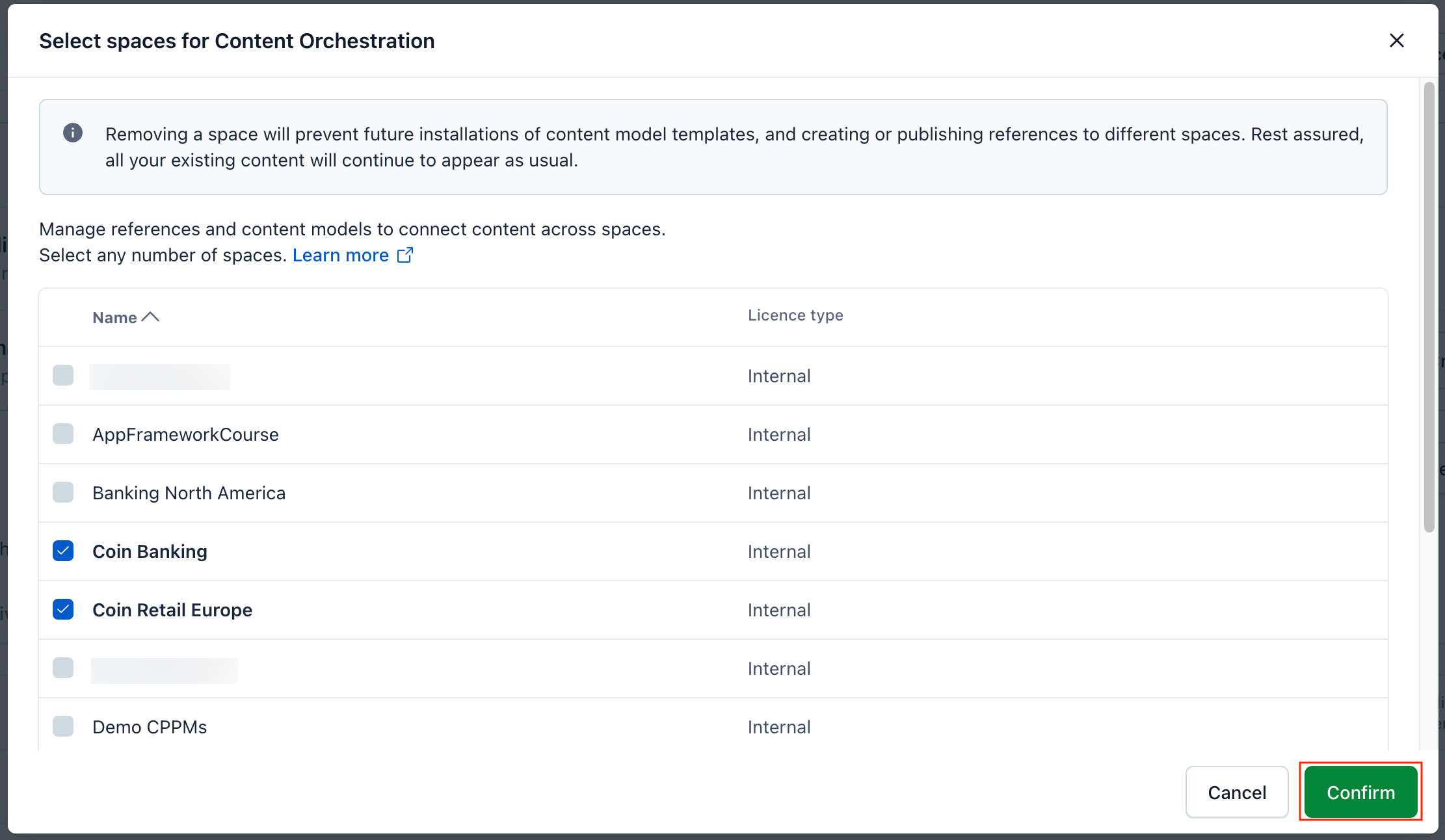 Orchestration Confirm changing orchestration spaces