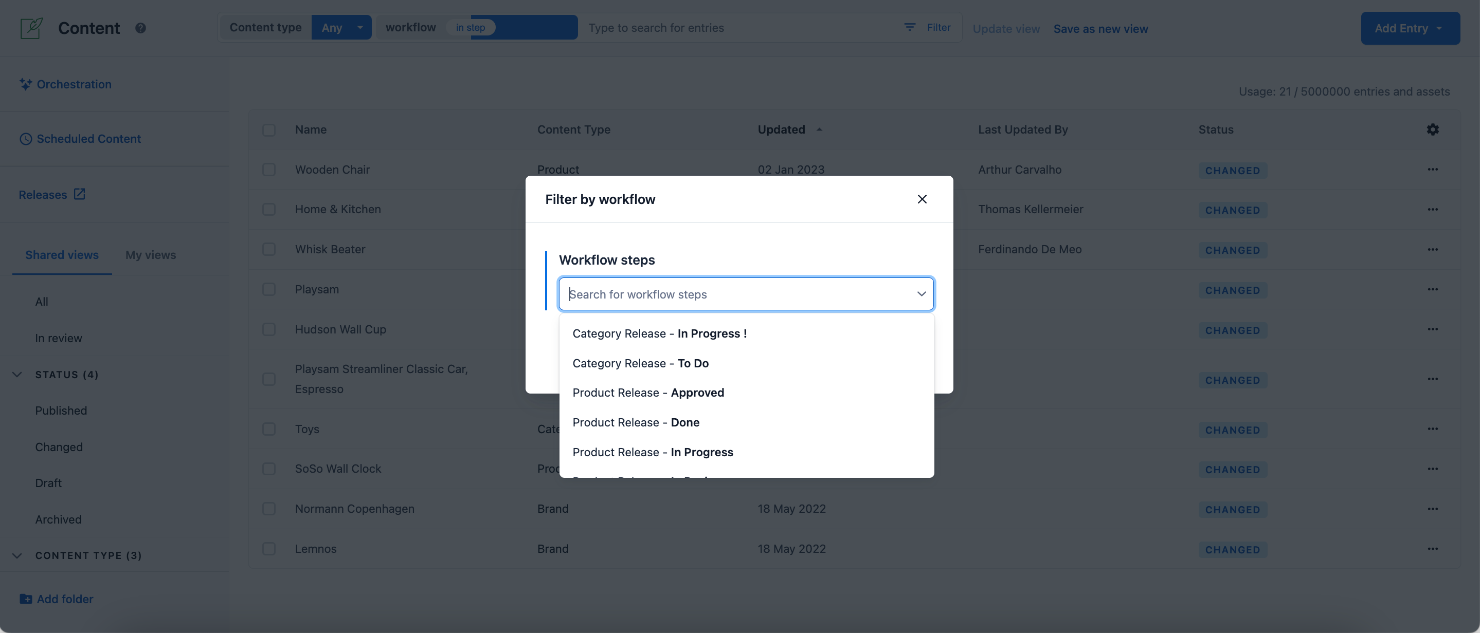 workflows filter result