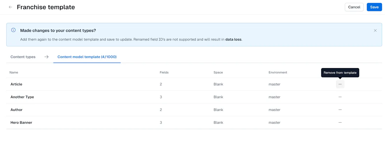 Content model templates: Remove a content type