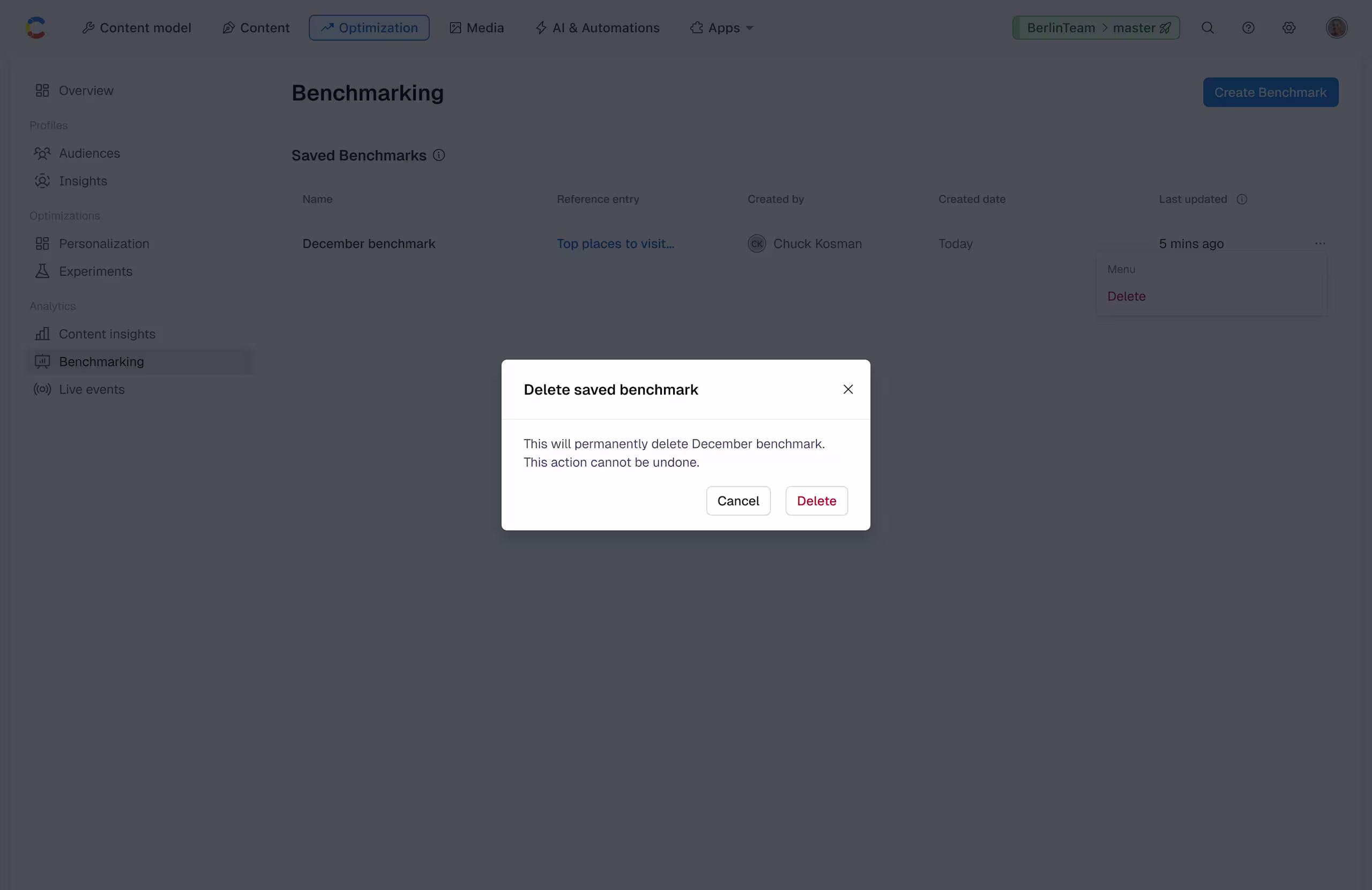Analytics: Confirm deleting the Benchmark