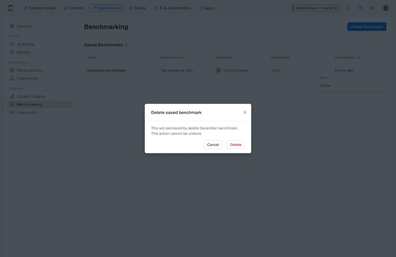 Analytics: Confirm deleting the Benchmark