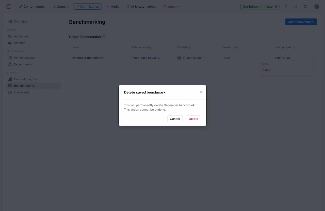 Analytics: Confirm deleting the Benchmark