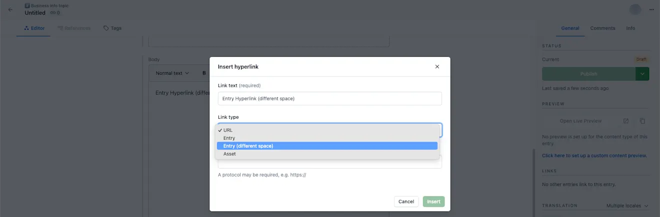 Cross-space references in Rich Text Insert hyperlink window