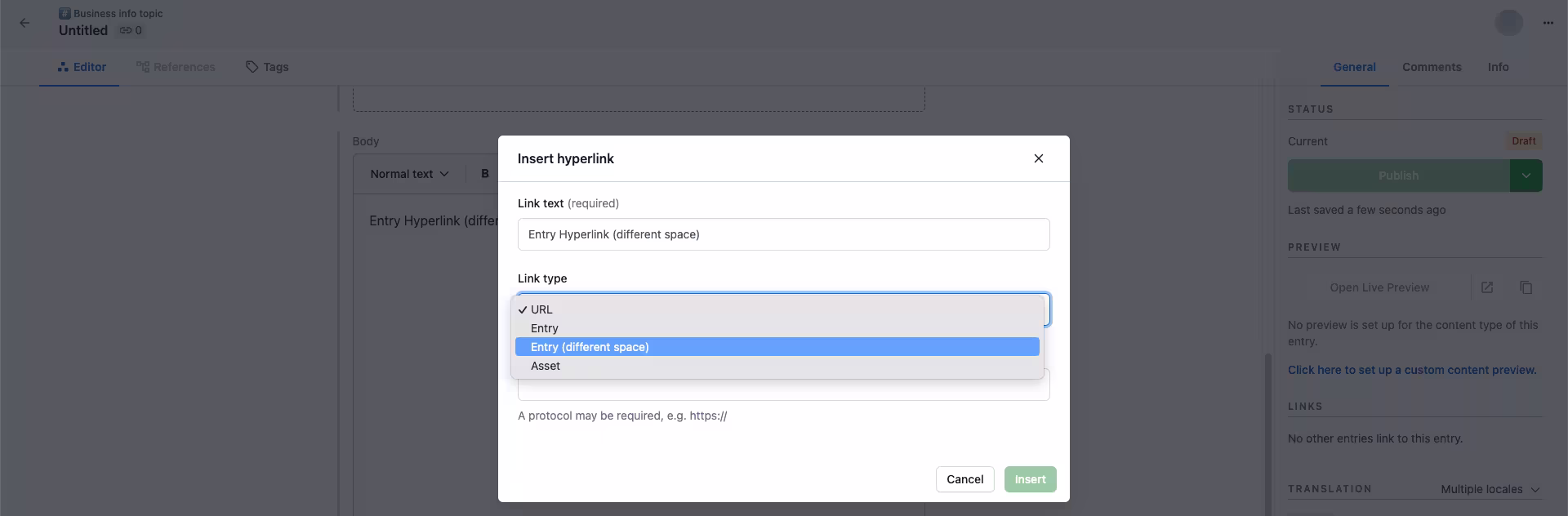Cross-space references in Rich Text Insert hyperlink window