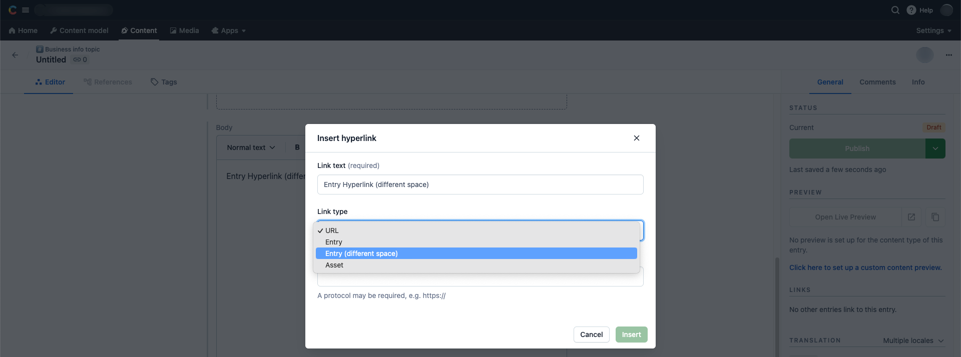 Cross-space references in Rich Text Insert hyperlink window