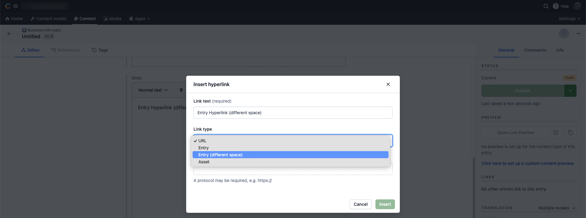 Cross-space references in Rich Text Insert hyperlink window