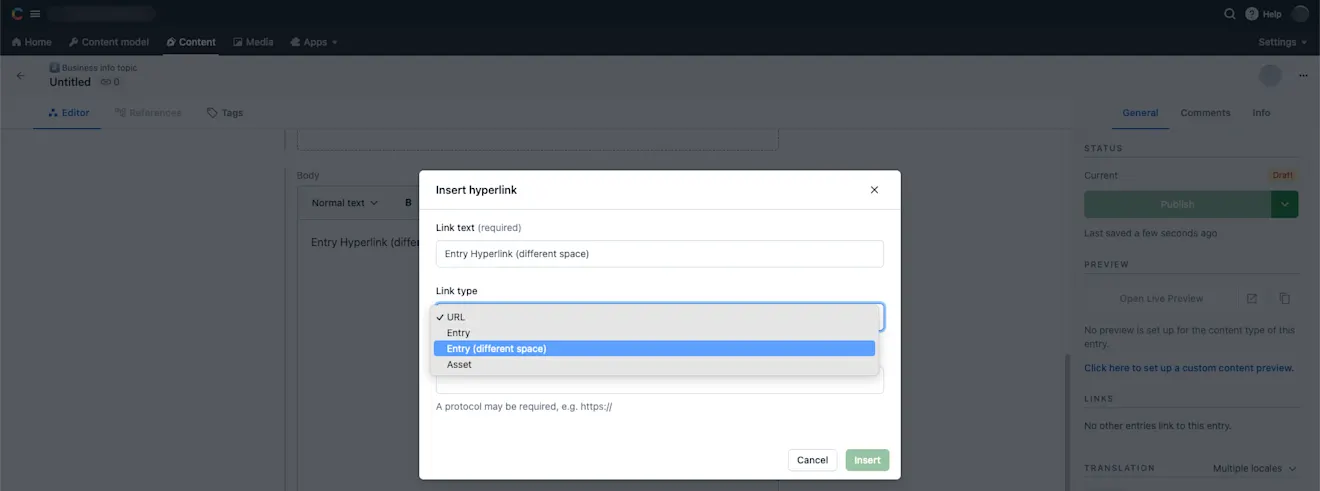 Cross-space references in Rich Text Insert hyperlink window