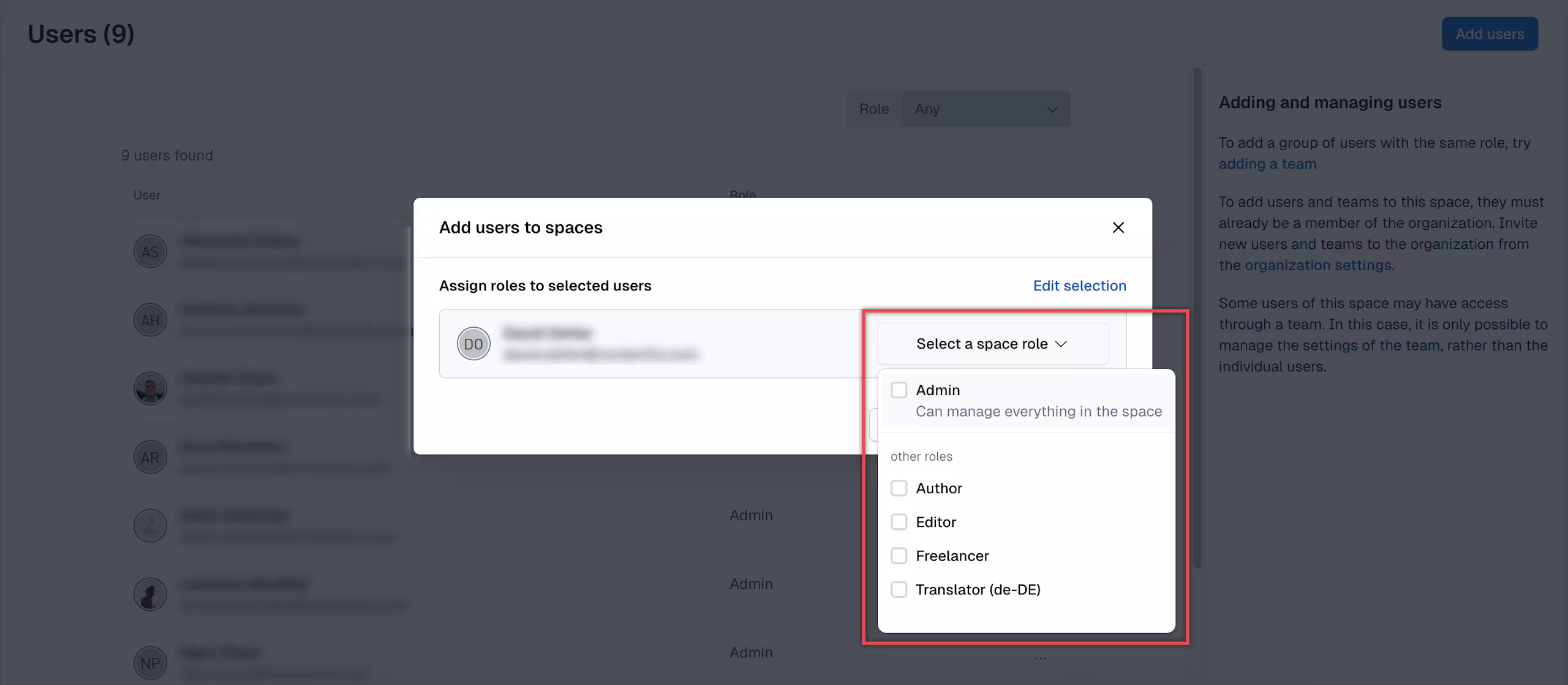 Users Select a space role