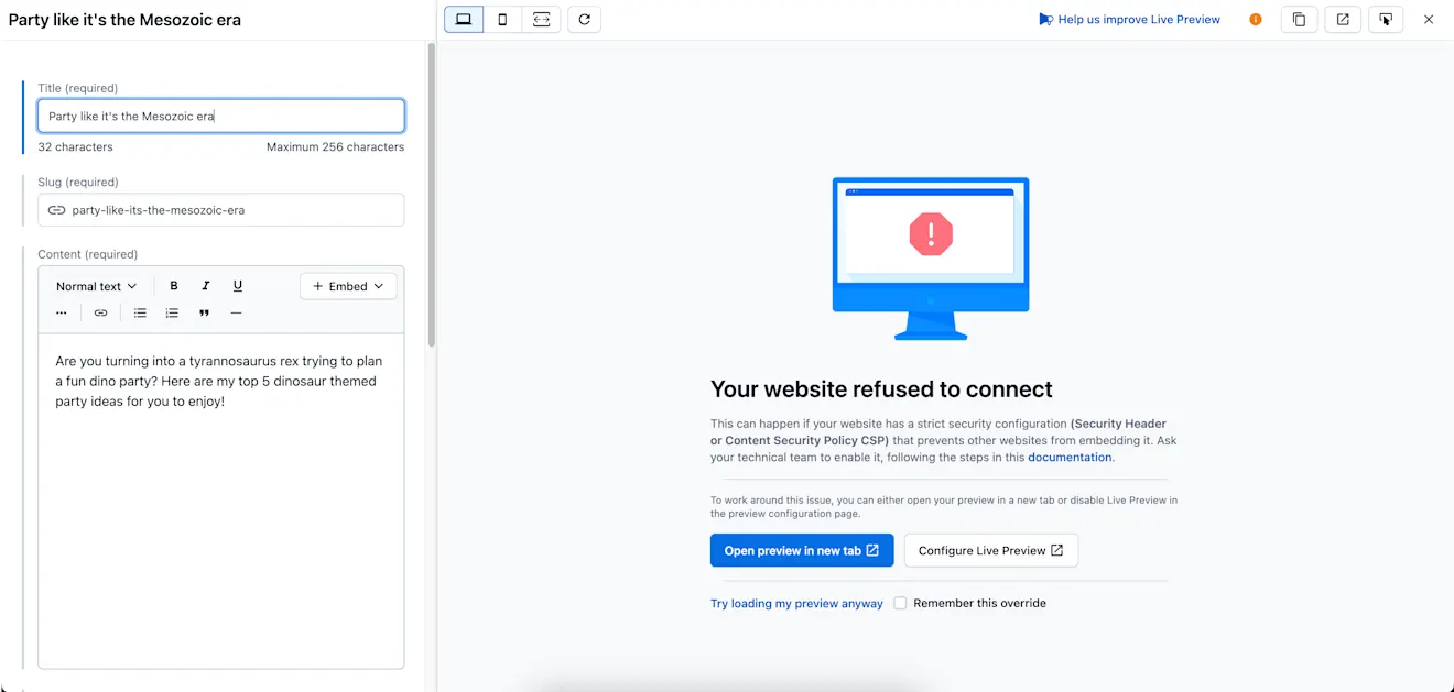 Live preview refused to connect
