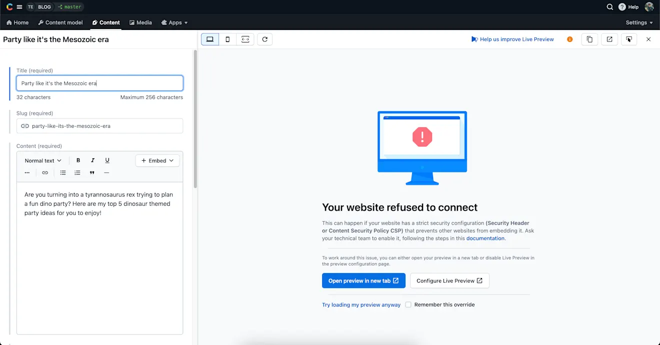 Live preview refused to connect