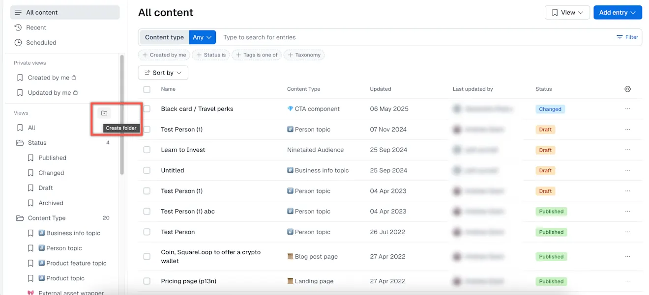 Content tab: Create folder