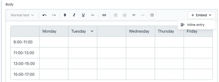 Tables in RT embed inline entry