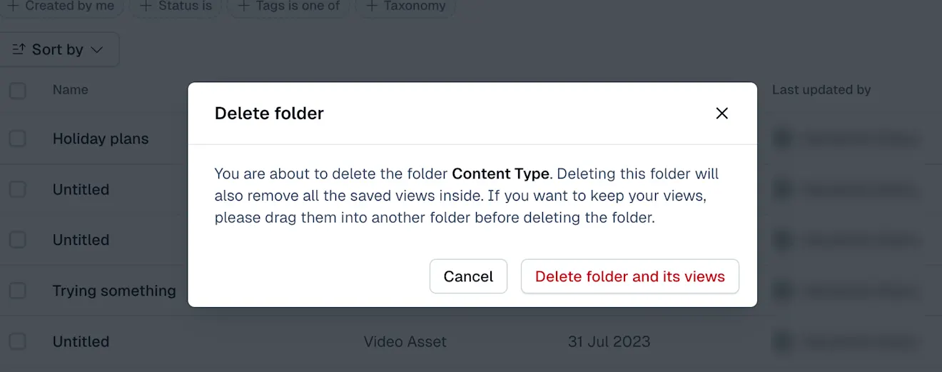 Content tab: Delete folder