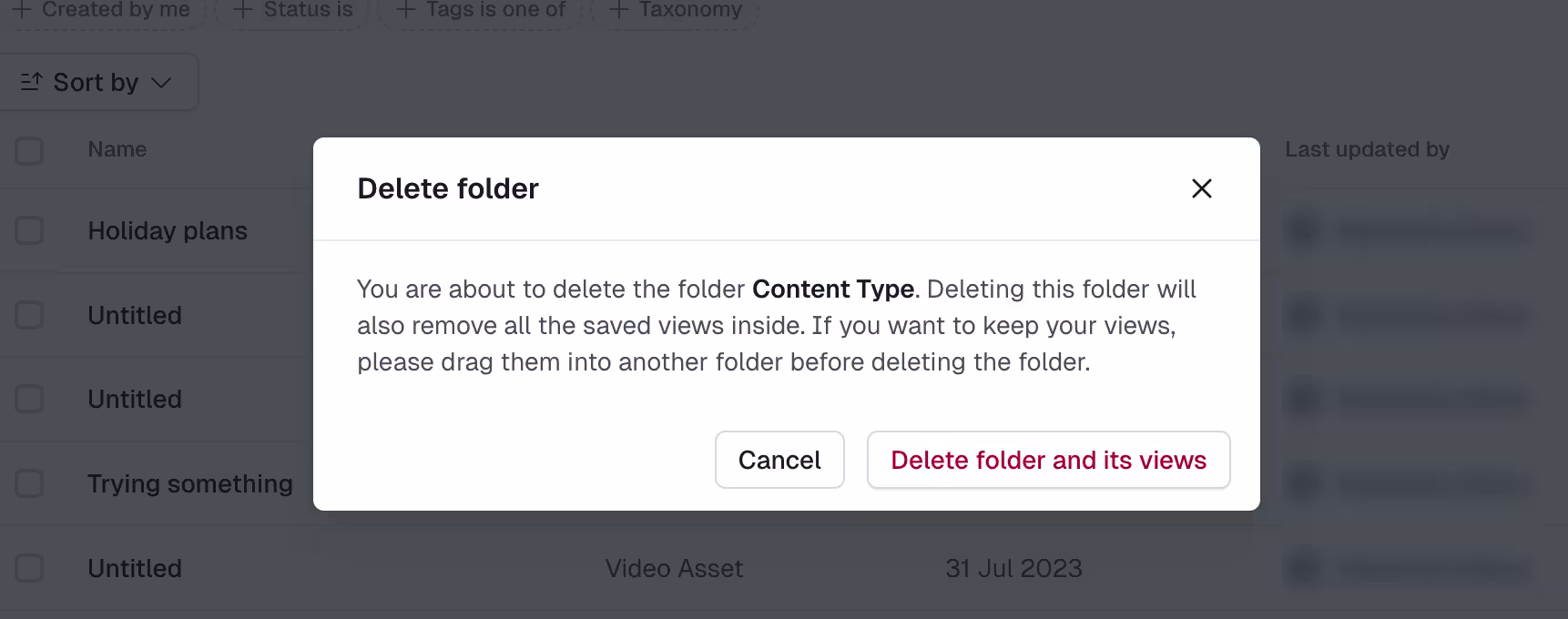 Content tab: Delete folder