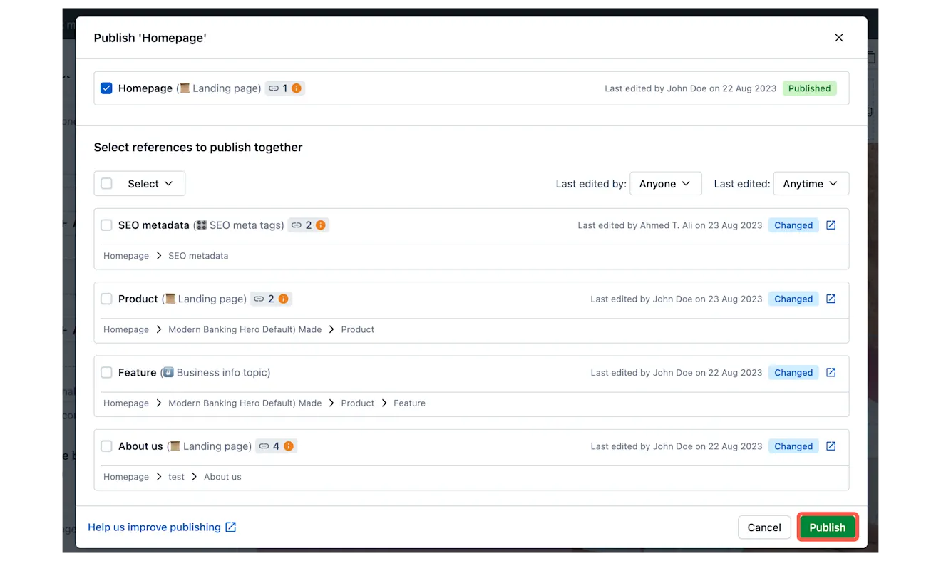 Live preview publishing modal