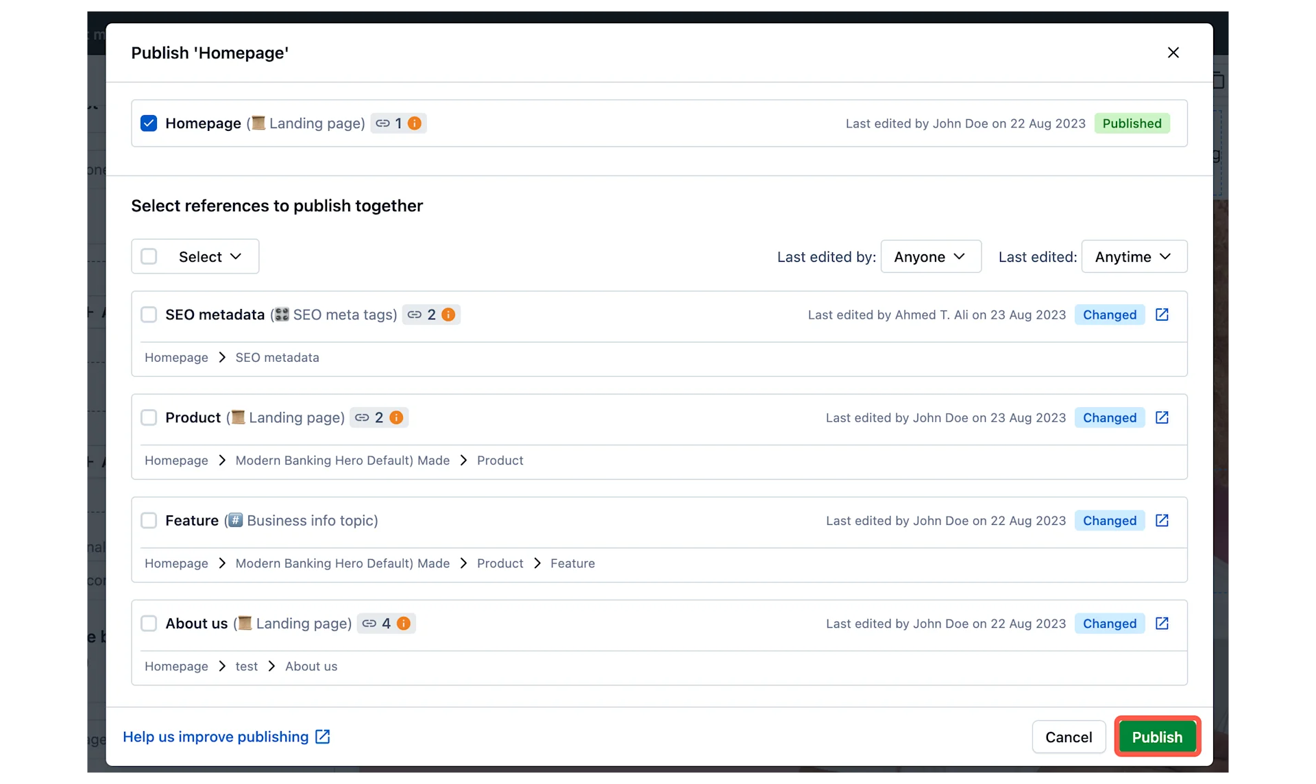 Live preview publishing modal