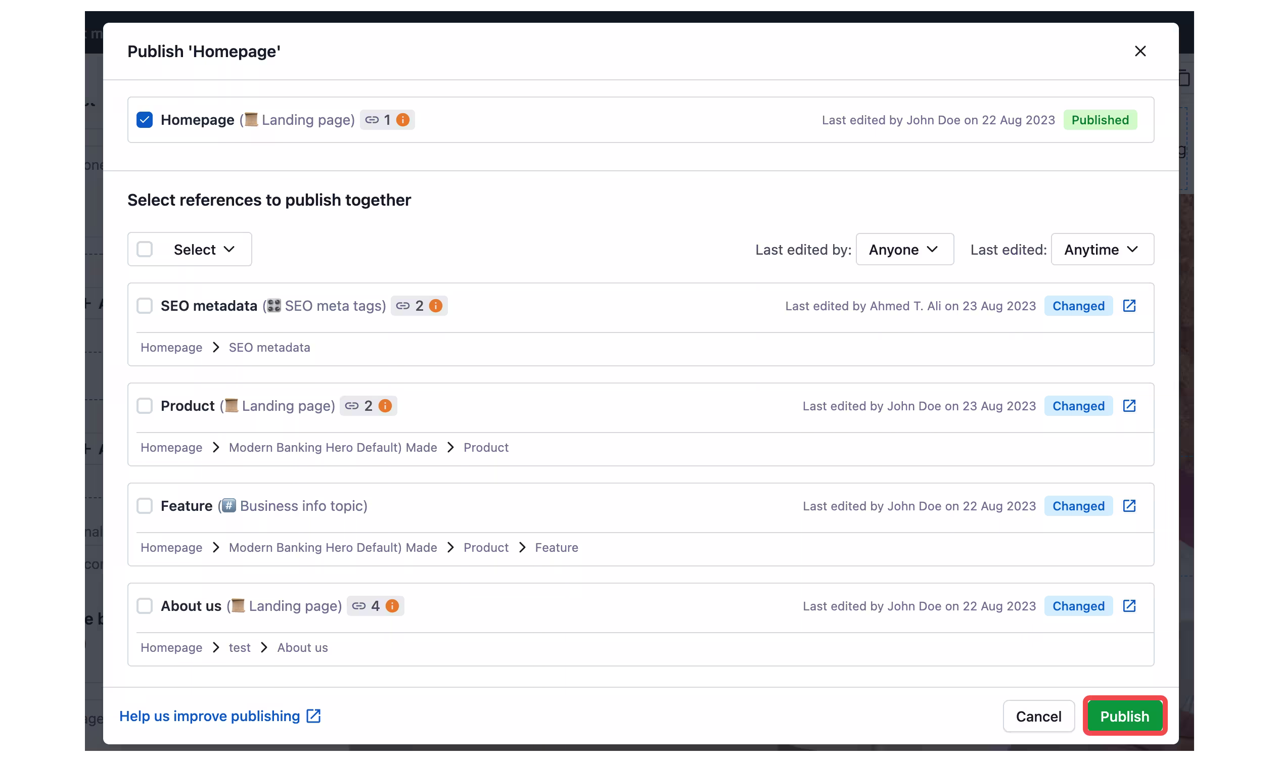 Live preview publishing modal