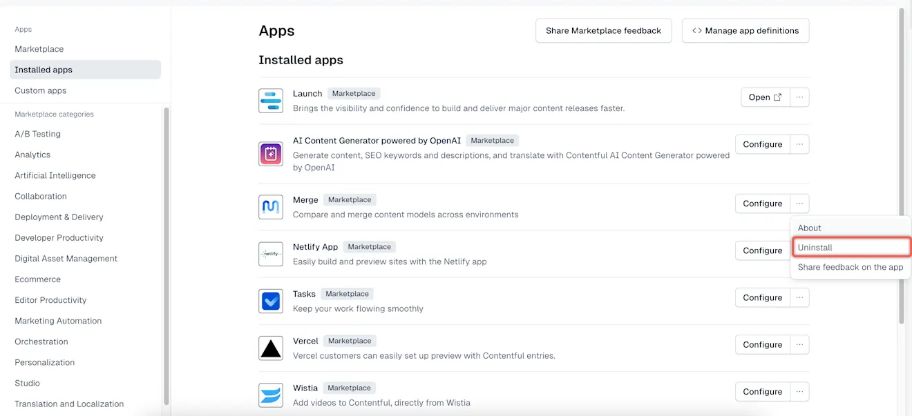 Apps uninstall from actions menu