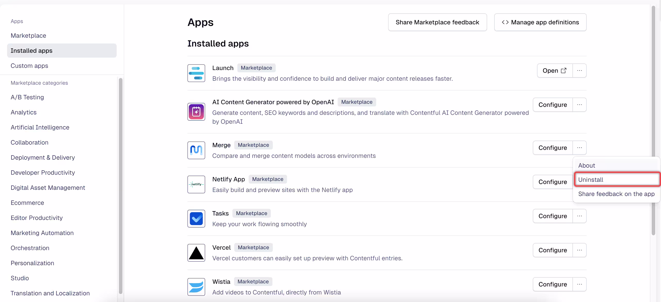 Apps uninstall from actions menu