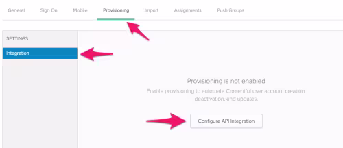 Okta provisiniong tab, integration menu