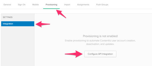 Okta provisiniong tab, integration menu