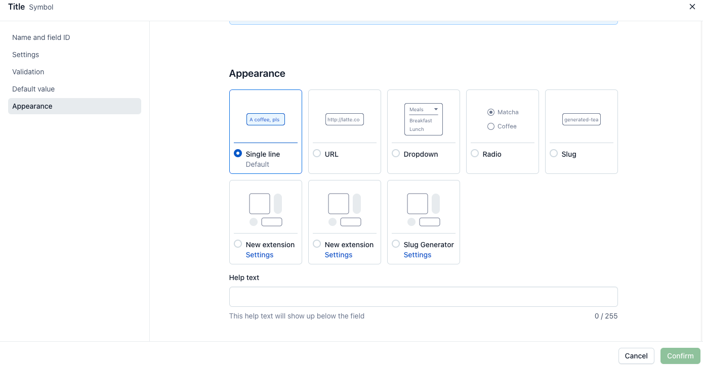 the Appearance section for fields