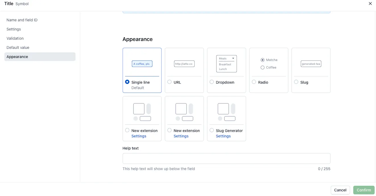 the Appearance section for fields
