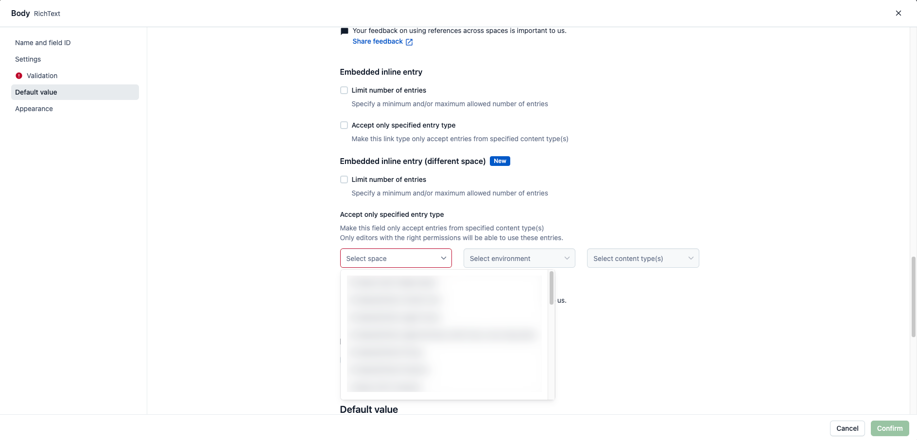 Cross-space references in Rich Text Select space for Inline entry (different space)