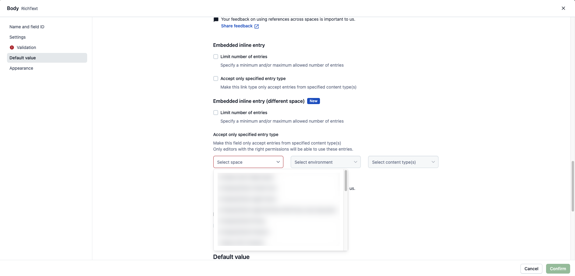 Cross-space references in Rich Text Select space for Inline entry (different space)