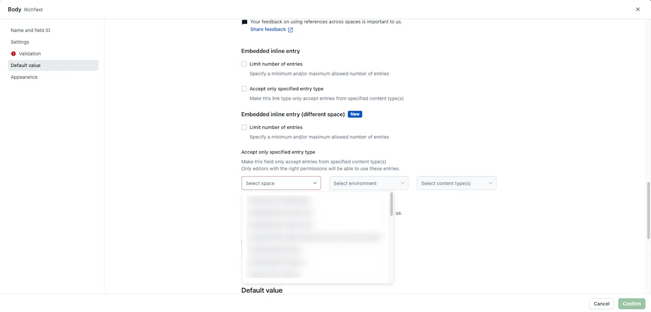 Cross-space references in Rich Text Select space for Inline entry (different space)