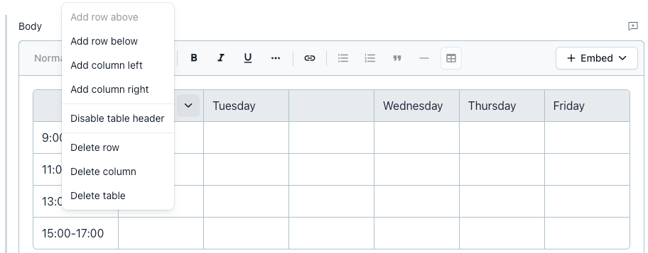 Tables in RT cell actions