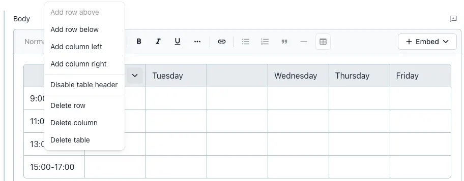 Tables in Rich Text fields | Contentful Help Center