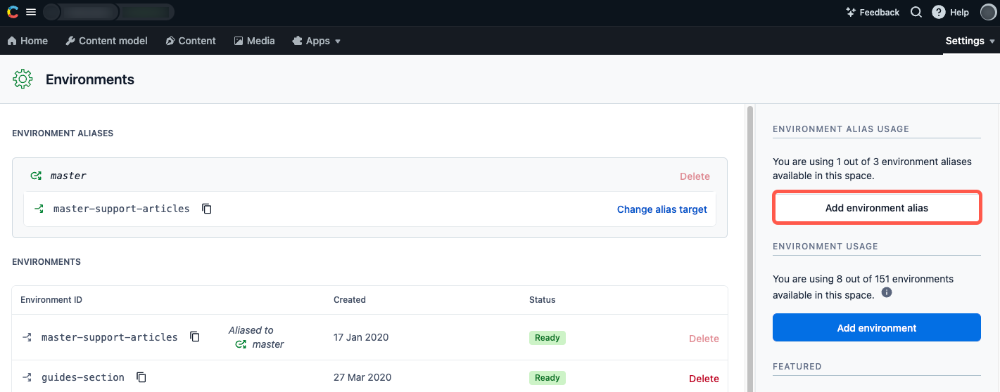 Create an environment alias | Contentful Help Center