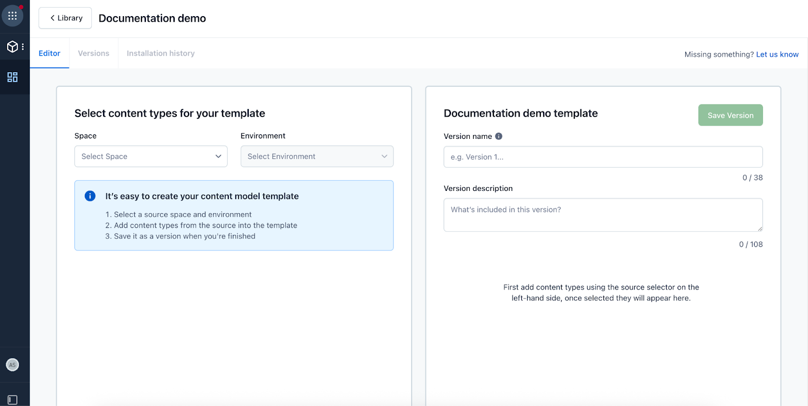 Content model templates: Editor tab