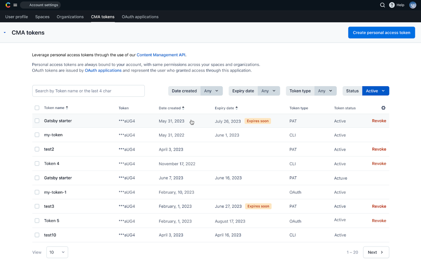 CMA tokens-admin view