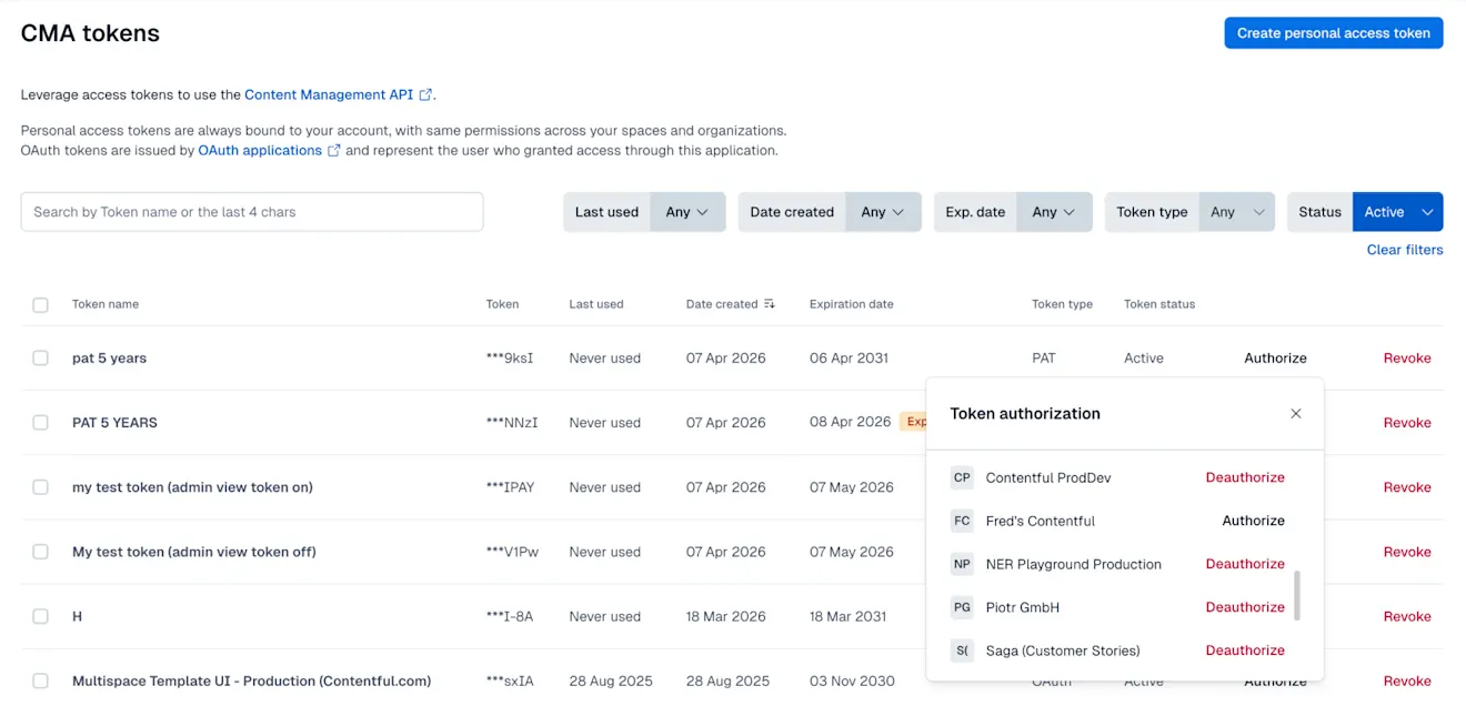CMA tokens-admin view