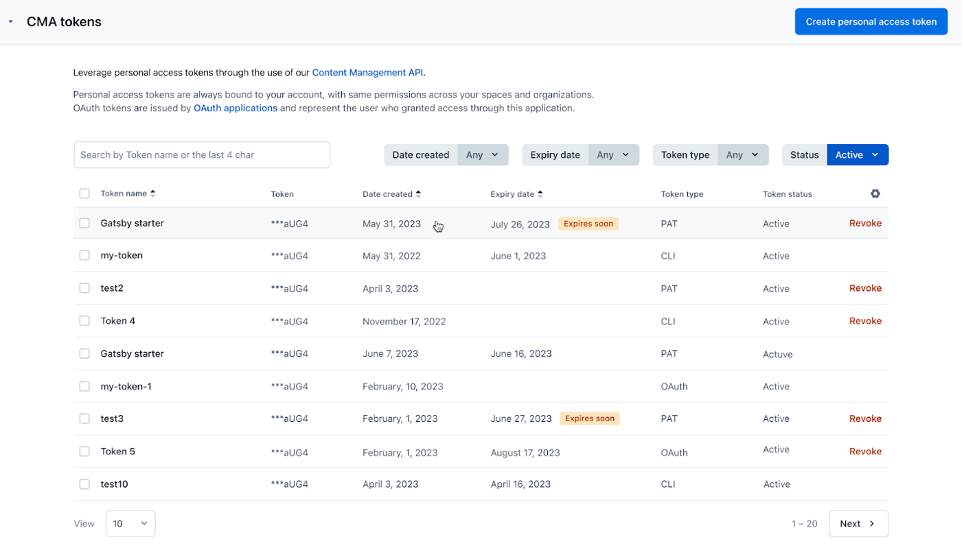 CMA tokens-admin view