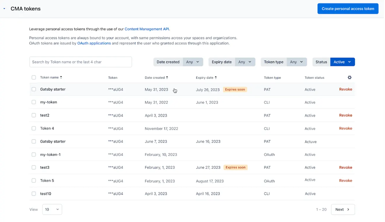 CMA tokens-admin view