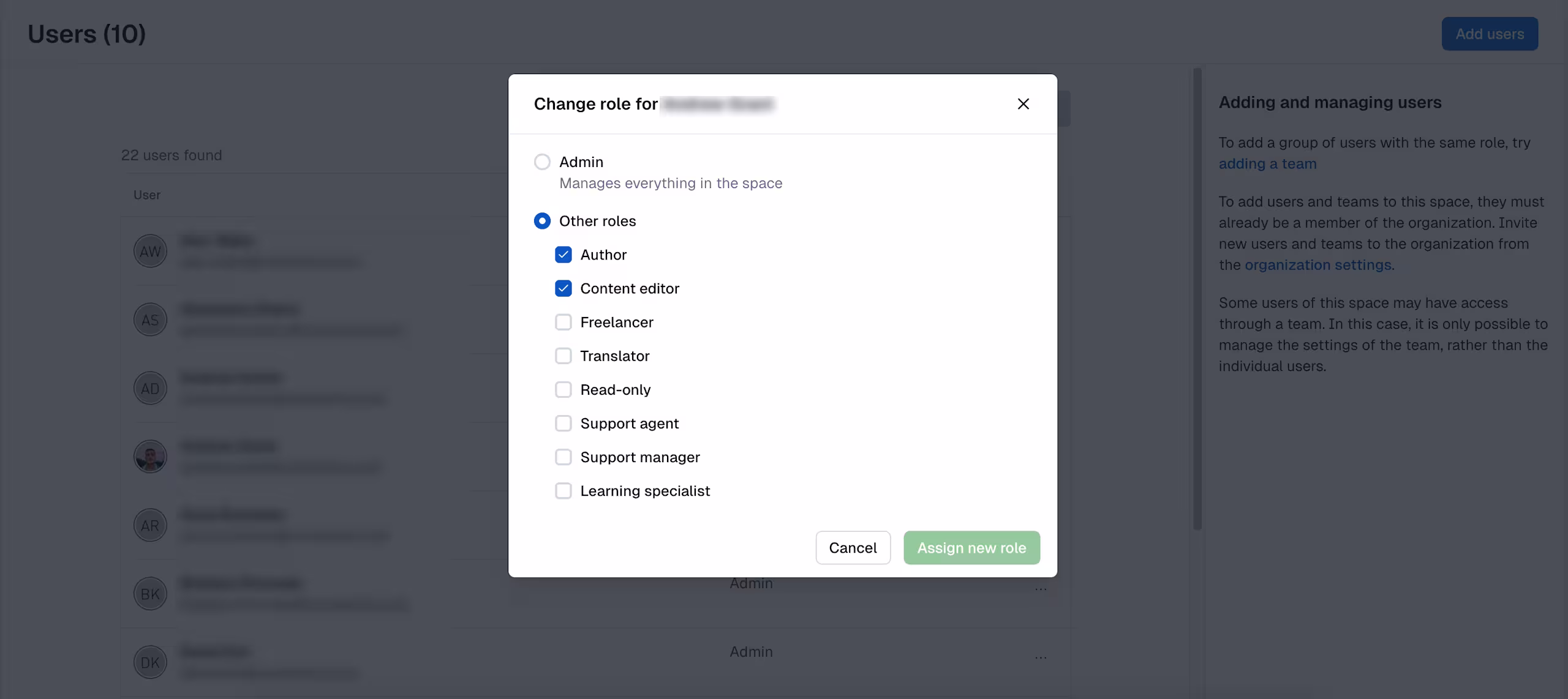 Users: Change role for a user