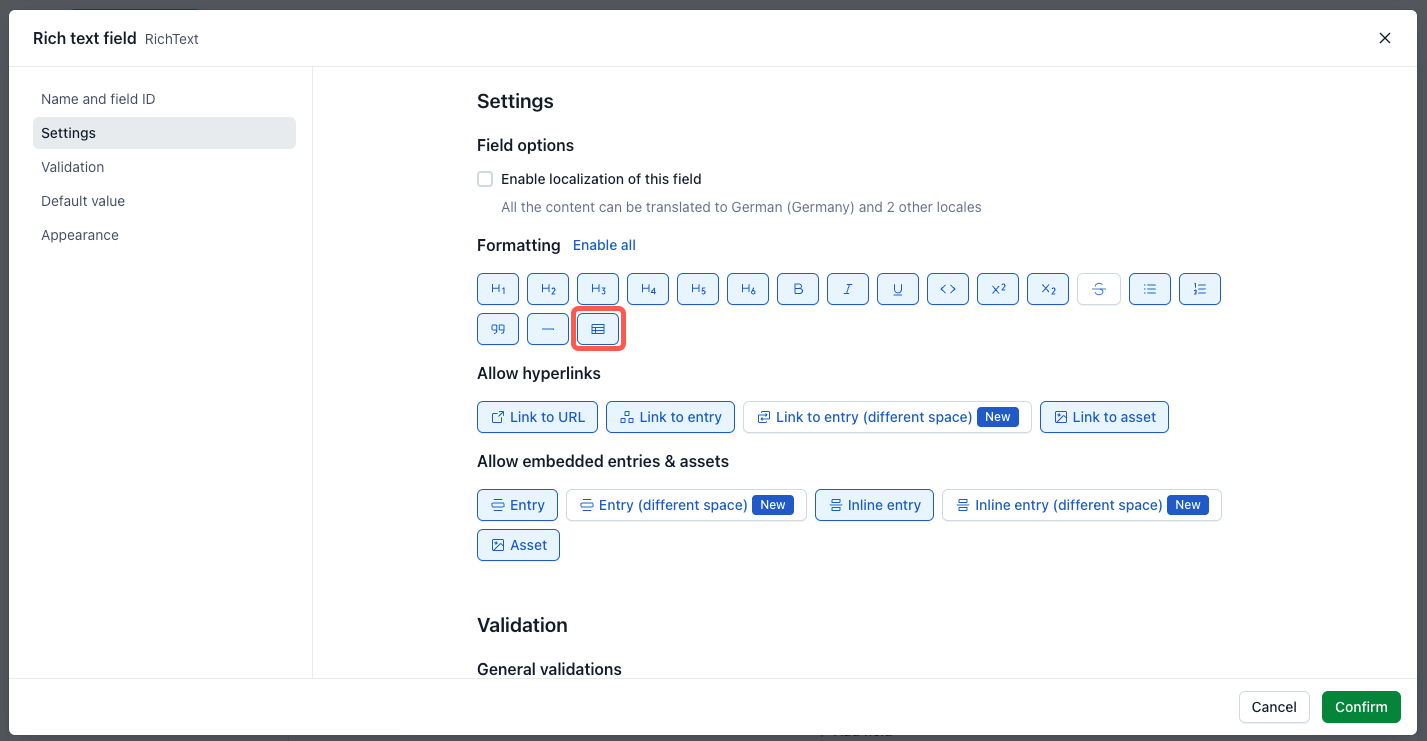 Tables in RT enable