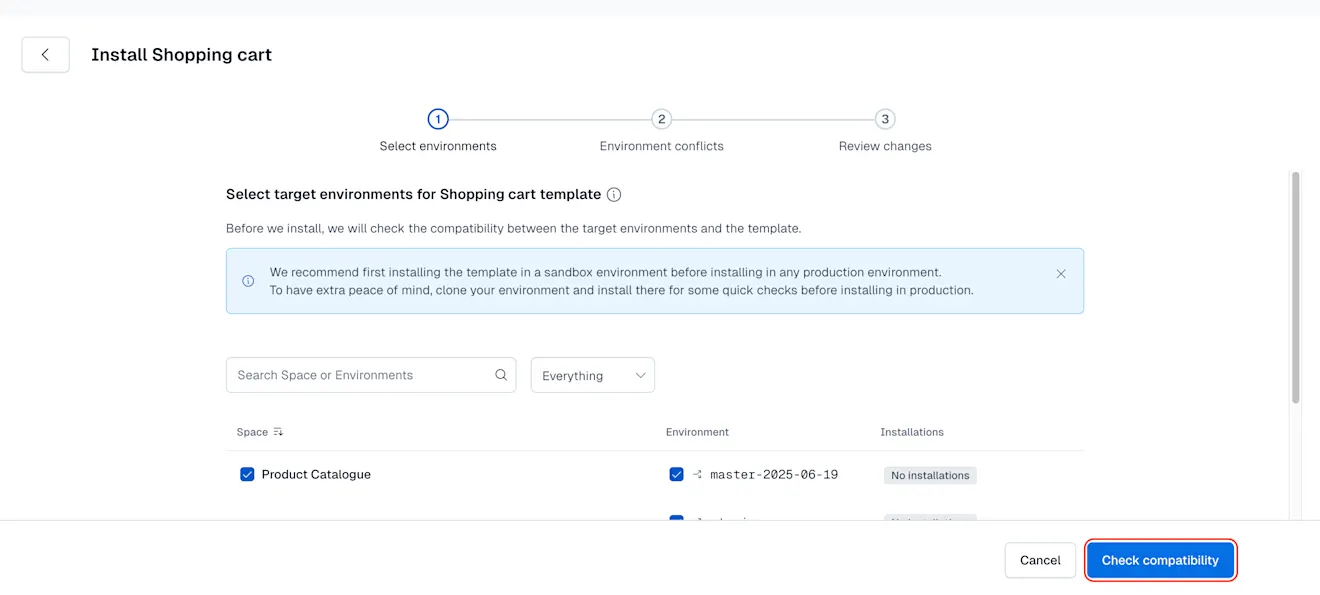 Content model templates: Select target environments and click Check compatibility