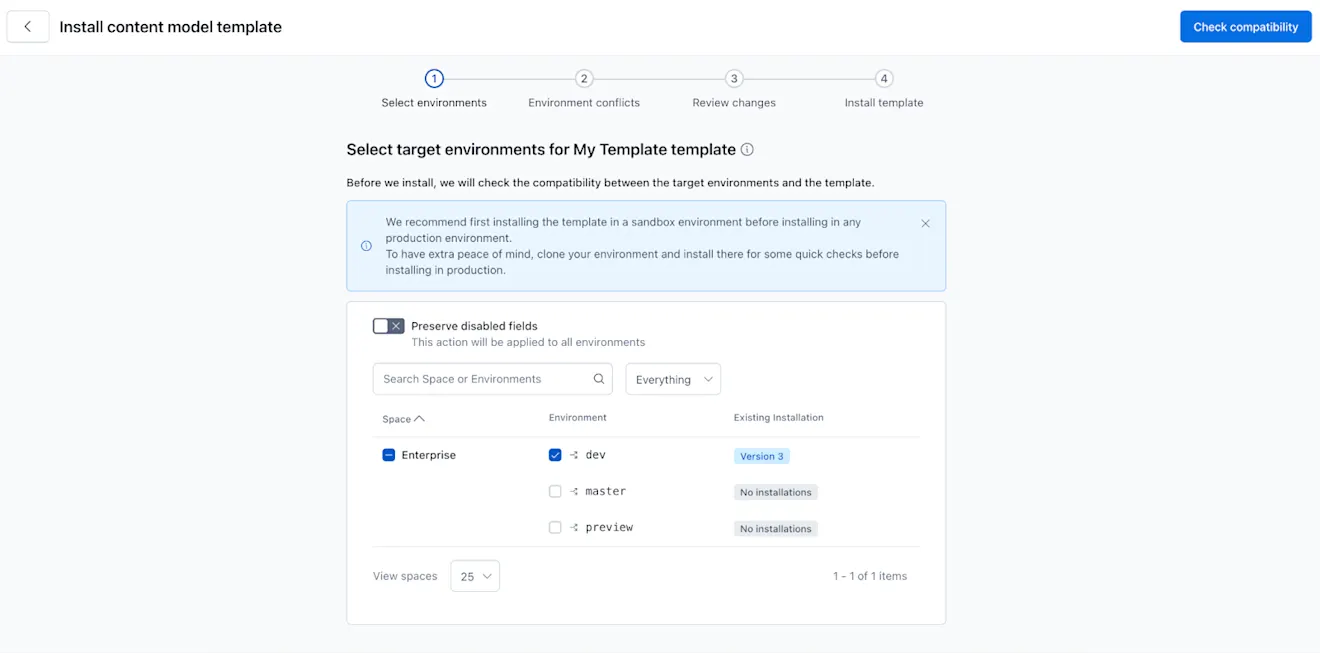 Content model templates: Select target environments