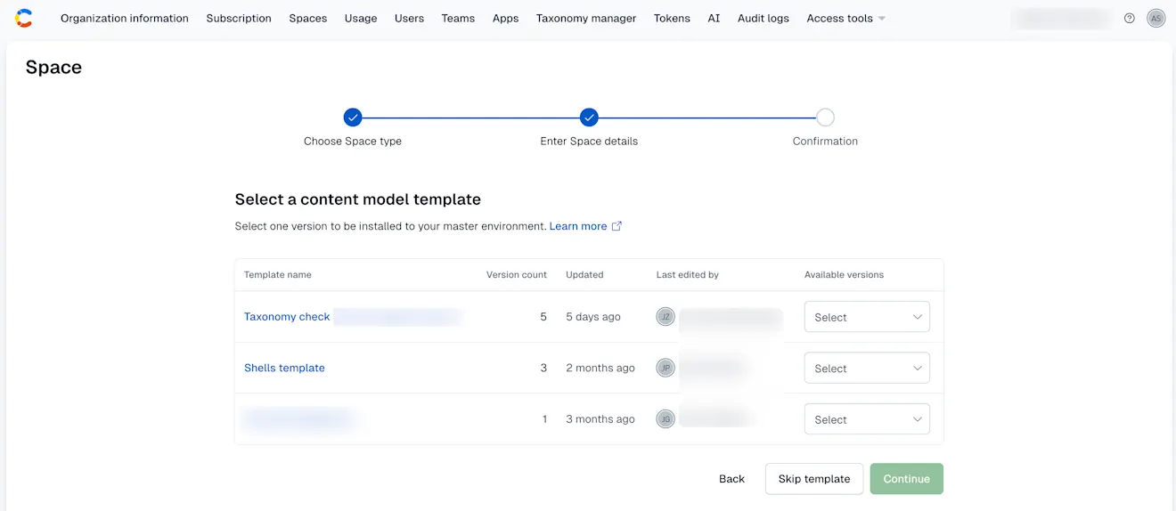 Templated space: Select a content model for your space
