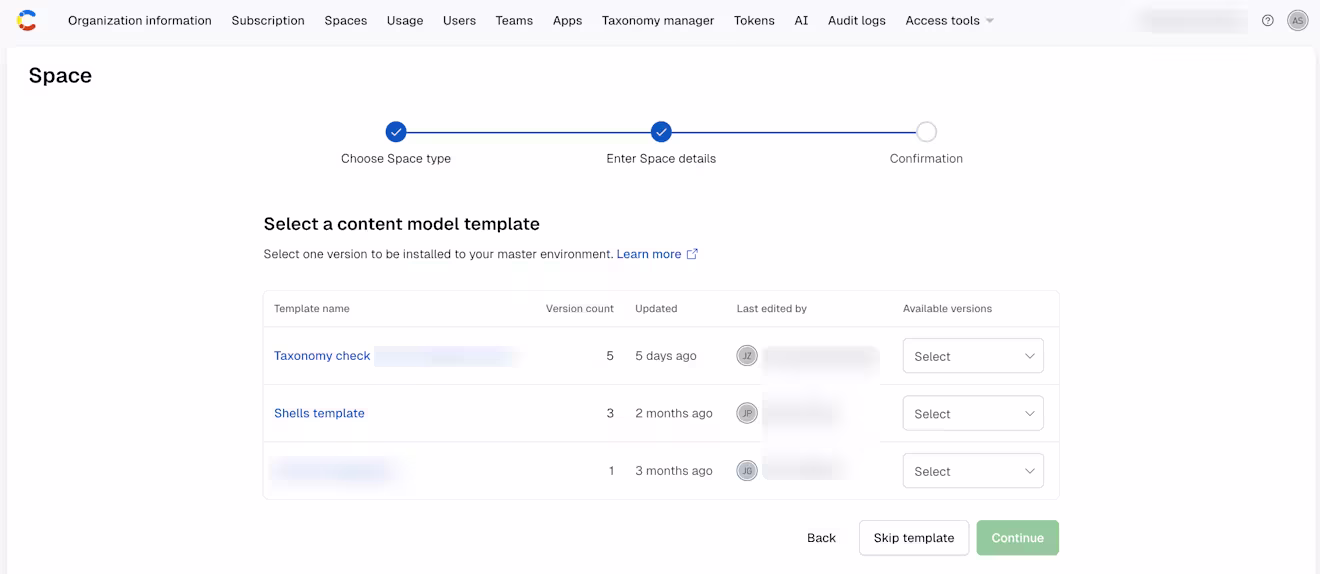 Templated space: Select a content model for your space