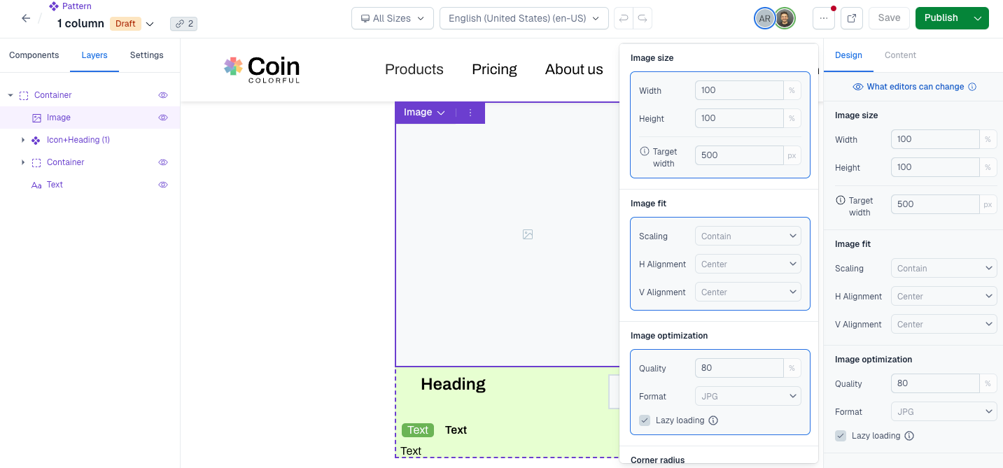 Nested patterns select editable properties in a nested pattern